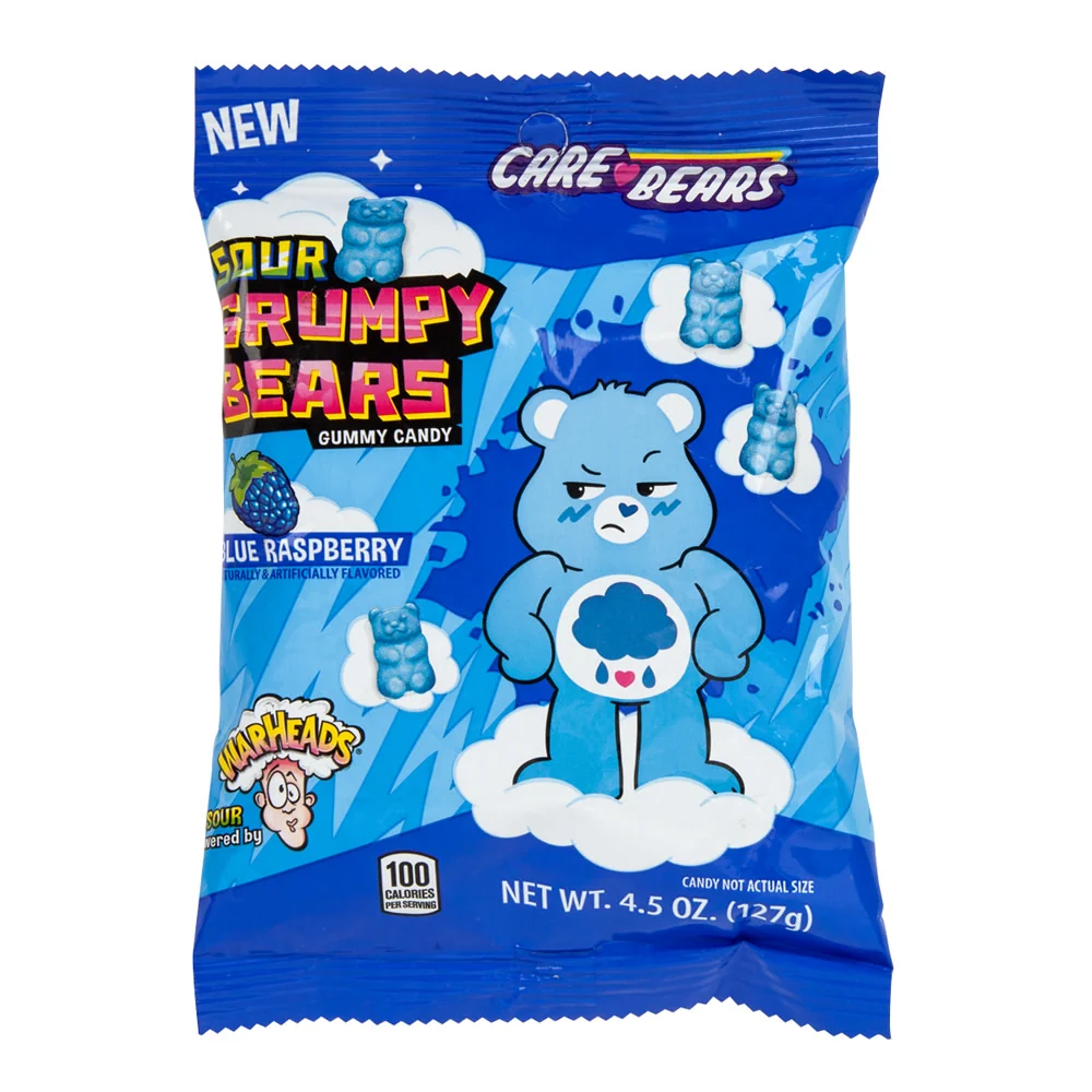 Care Bears Warheads Sour Blue Raspberry Grumpy Bears Peg Bags - 12ct