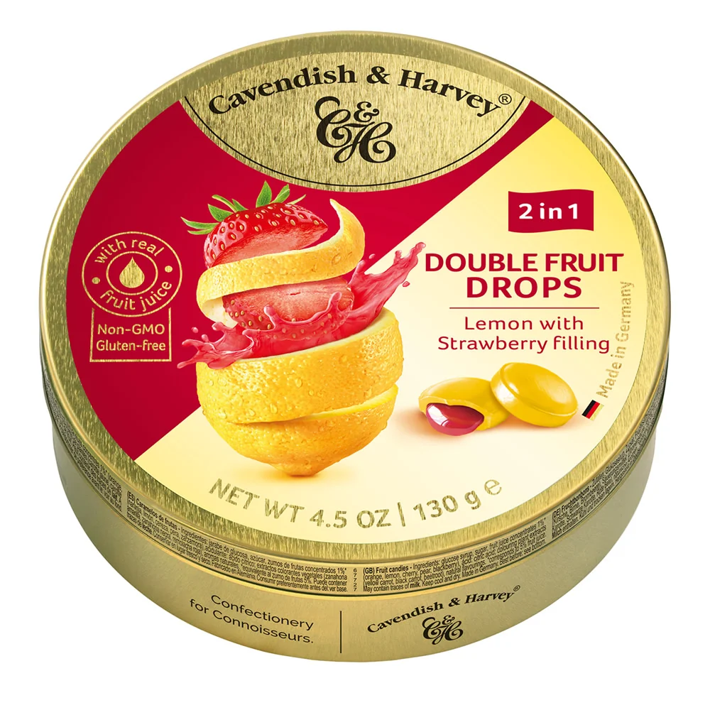 Cavendish & Harvey Lemon with Strawberry Filling Double Fruit Drops Tins - 11ct