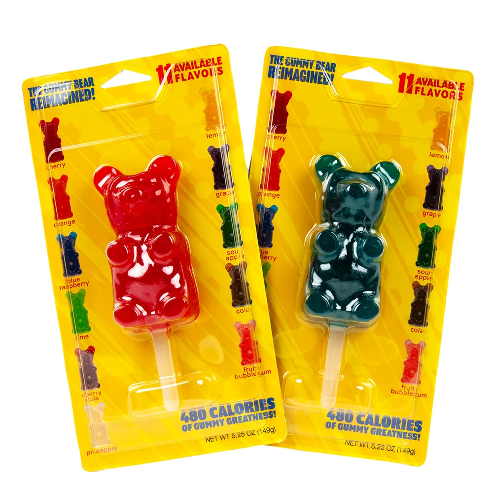 Cherry & Blue Raspberry Giant Gummy Bear on Stick Blister Packs - 12ct