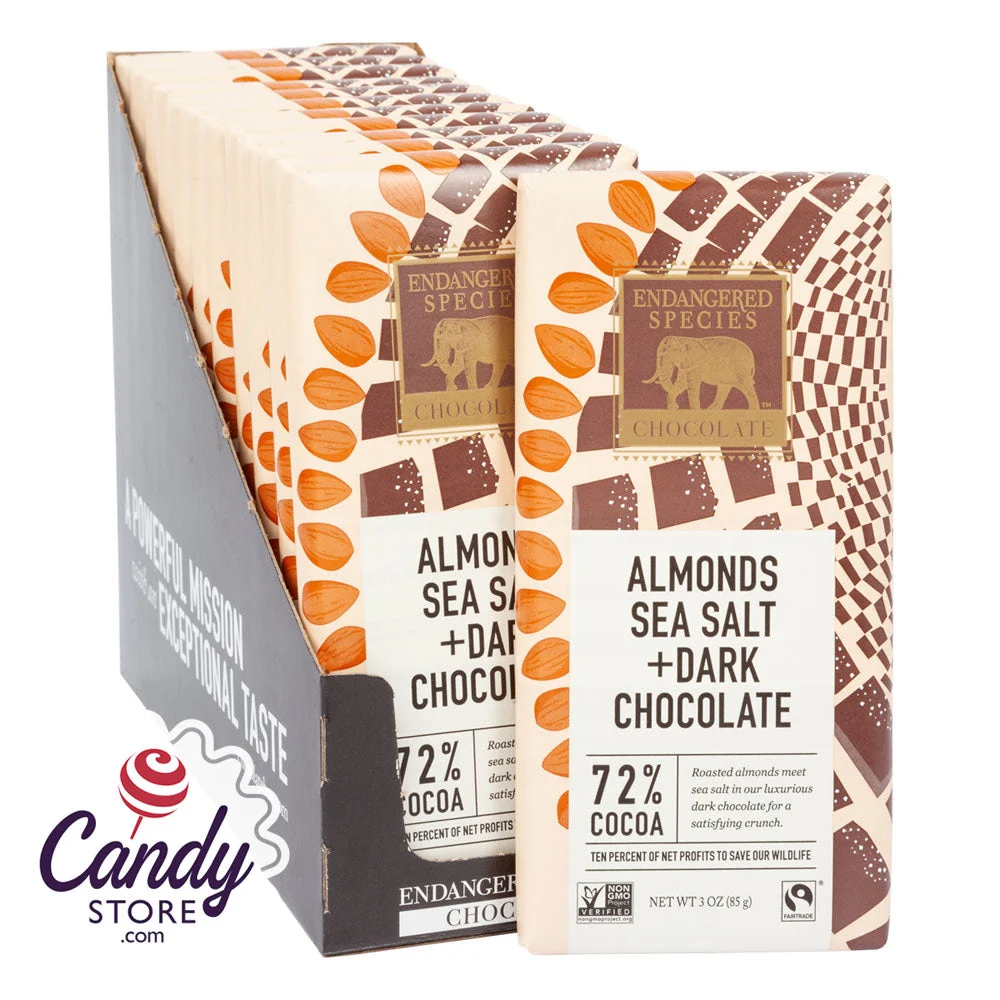 Endangered Species Dark Chocolate With Sea Salt And Almonds 3oz Bar - 12ct