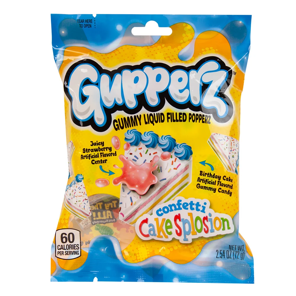 Gupperz Confetti Cakesplosion Gummy Liquid Filled Popperz Peg Bags - 12ct