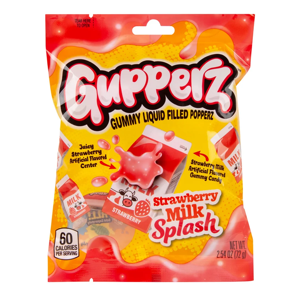 Gupperz Strawberry Milk Splash Gummy Liquid Filled Popperz Peg Bags - 12ct