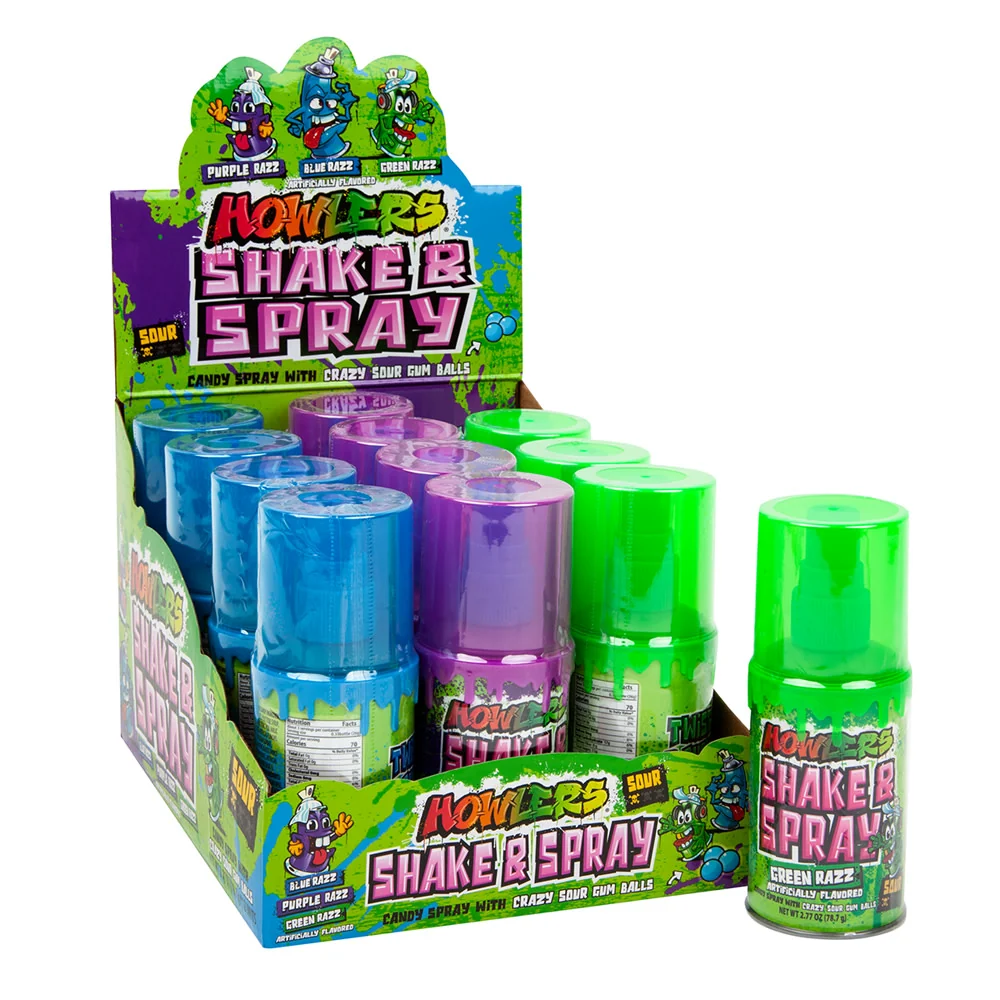 Howlers Sour Shake & Spray Candy Spray with Gum Balls Cans - 12ct