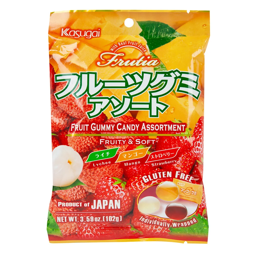 Kasugai Frutia Assorted Lychee Strawberry Mango Gummies Peg Bags - 24ct