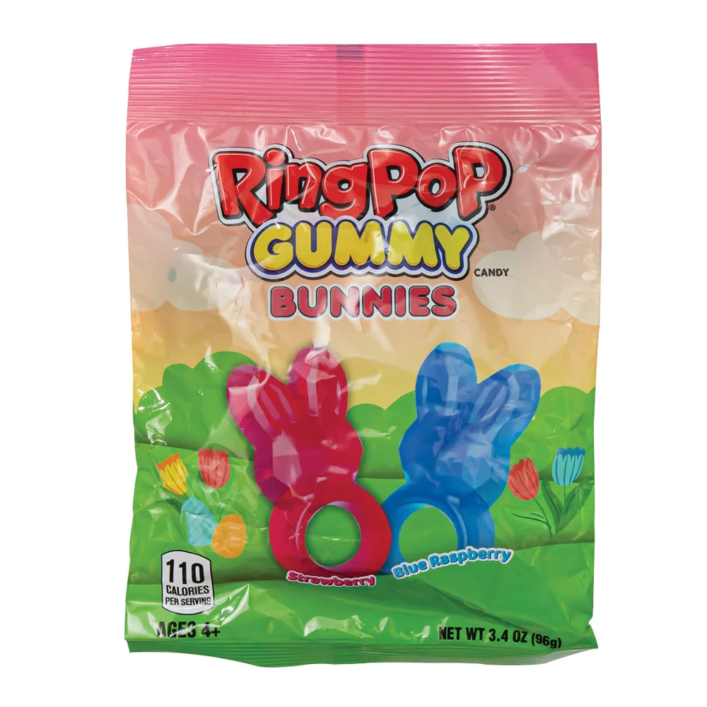Ring Pop Strawberry Blue Raspberry Bunny Gummies Peg Bags - 8ct