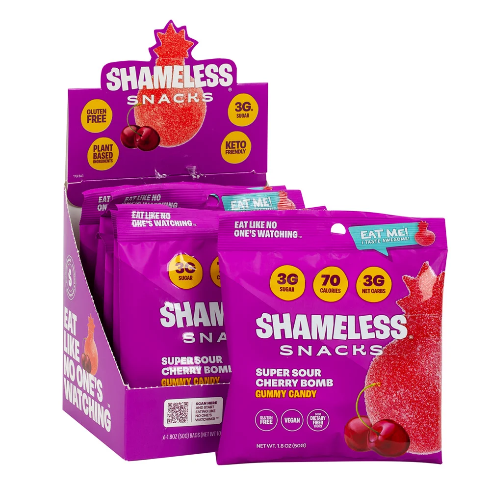 Shameless Snacks Super Sour Cherry Bomb Gummy Candy Peg Bags - 6ct