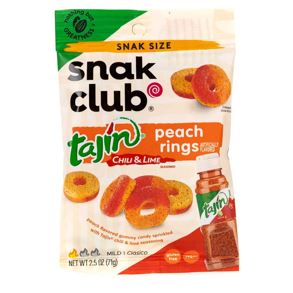 Tajin Snak Club Chili & Lime Peach Rings Peg Bags - 12ct